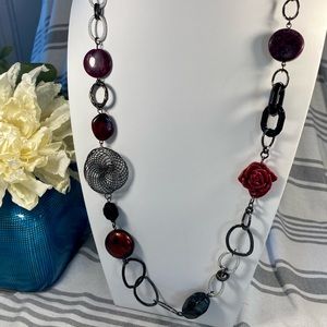 Funky Black and Burgundy Long Necklace Rose Asymmetrical